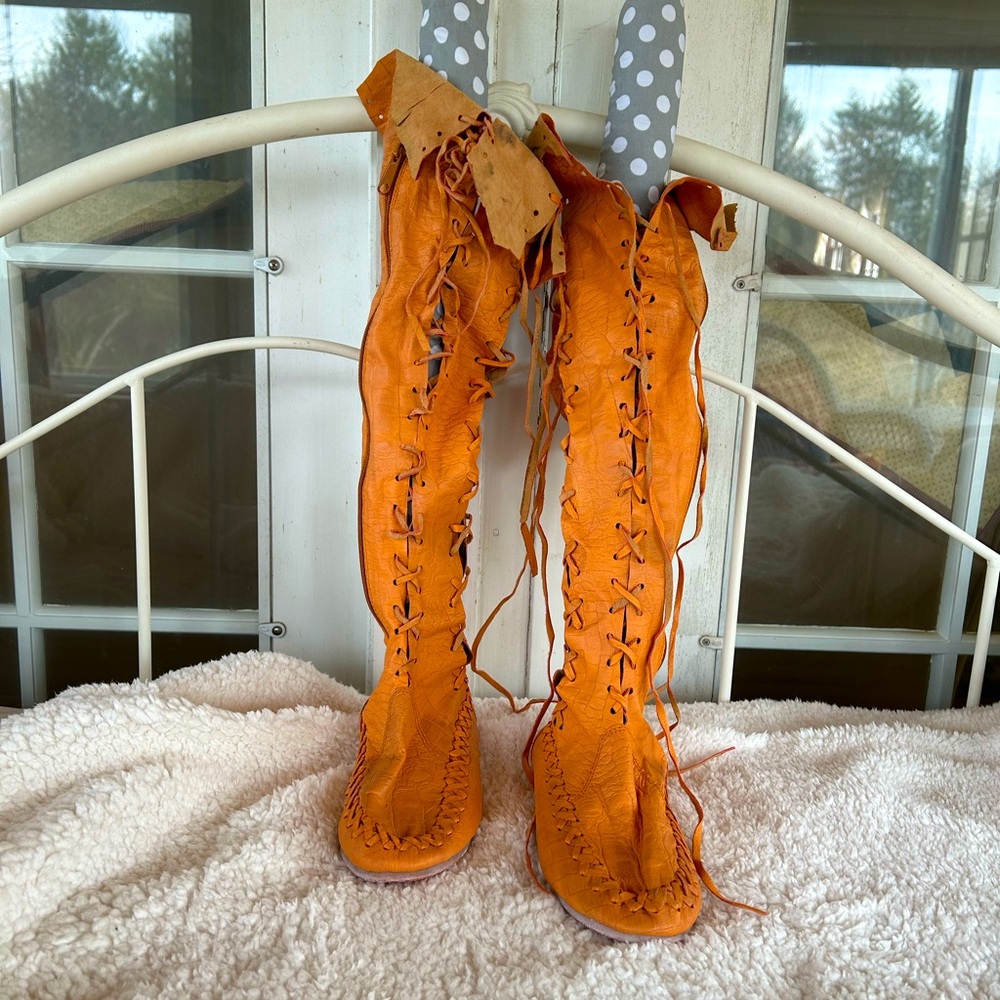 Women’s Lace-Up Knee-High Moccasin Boots - Orange
